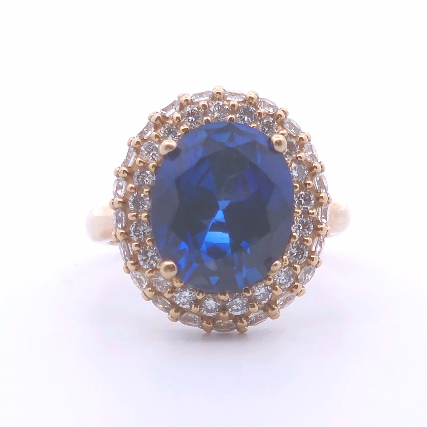 6.89ct Lab Oval and Round Sapphire Ring in 10k Gold