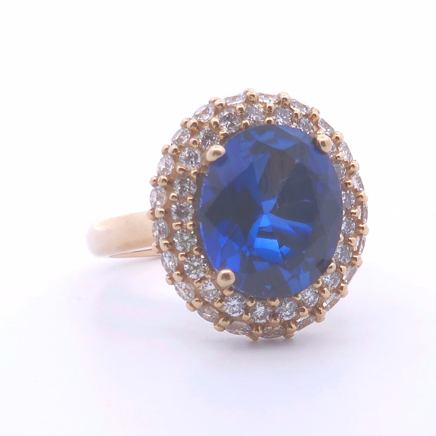 6.89ct Lab Oval and Round Sapphire Ring in 10k Gold