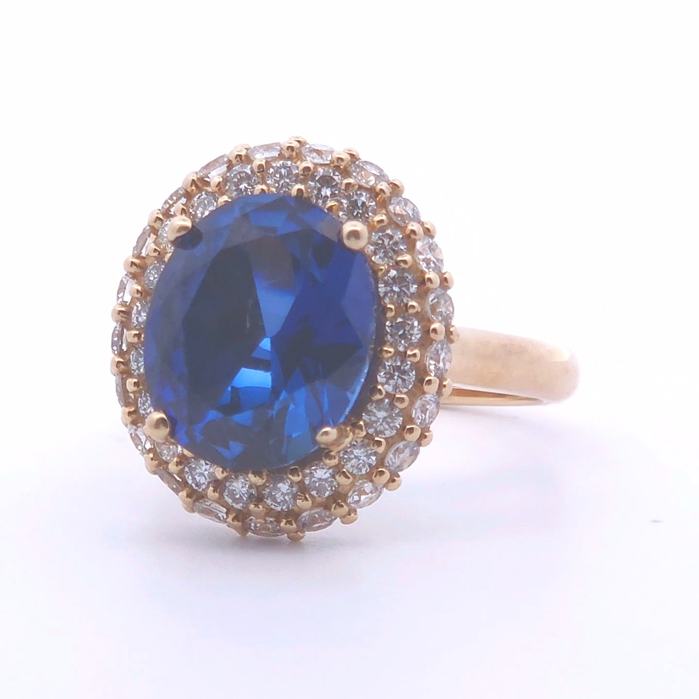 6.89ct Lab Oval and Round Sapphire Ring in 10k Gold