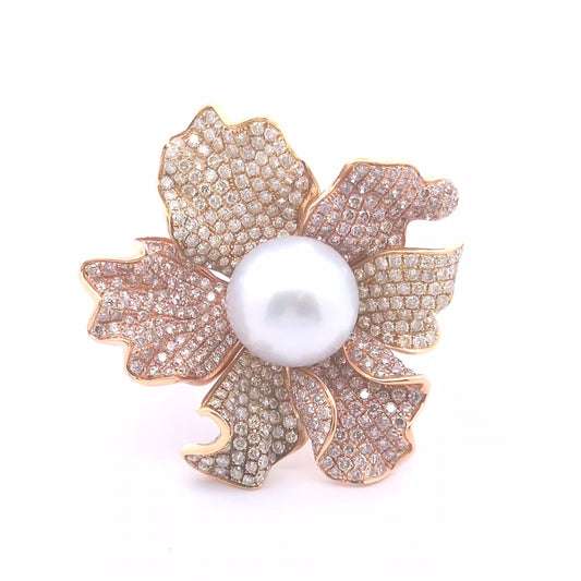 5.75ct Diamond and Pearl Ring in 18k Yellow Gold