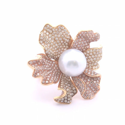 5.75ct Diamond and Pearl Ring in 18k Yellow Gold